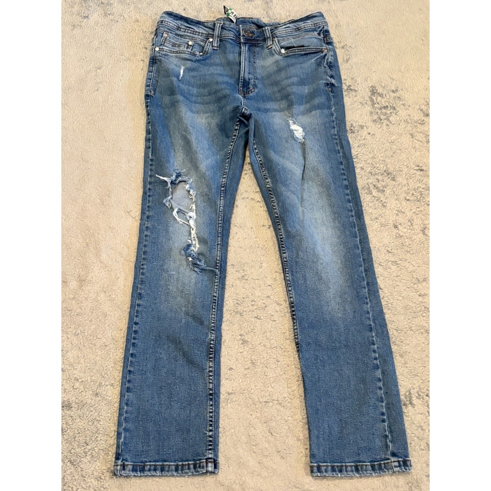 Free Planet Jeans Mens 30x30 (30x29) Medium Wash Blue Denim Distressed Slim